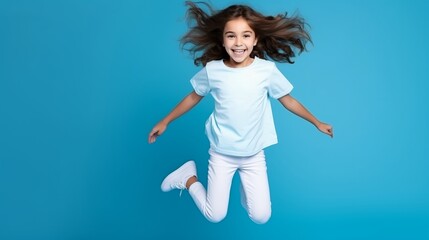 Full length body size view of attractive, happy girl posing over bright blue background with copy space.