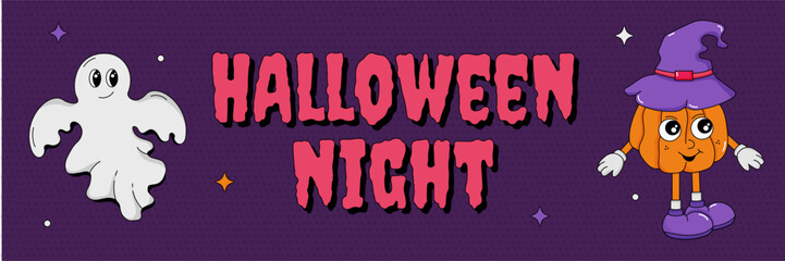 Halloween background with cartoon groovy character's. Vintage retro background in hippie 70's style. Background with pumpkin, ghost