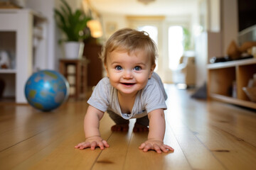 Close Up Portrait of a Smiling Toddler Infant Go on Hands in a Nursery