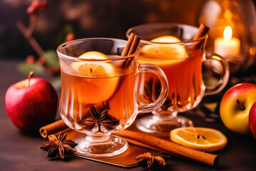 Hot drink for New Year, Christmas or autumn holidays. Mulled cider or spiced tea, or mulled white wine with lemon, apples, cinnamon and anise.
