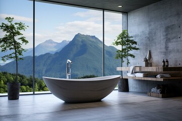 Contemporary bathroom with concrete floor, oval bathtub, shower, plant, and snowy mountain view. Minimalist interior design. Generative AI