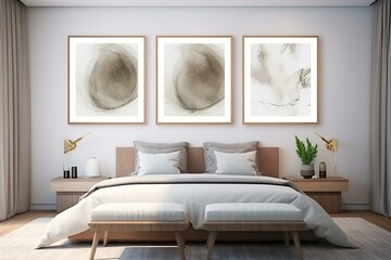 A modern bedroom with two frames displaying a poster. 3D rendering. Generative AI