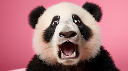 Shocked surprised panda with big eyes on isolated bright pink background, funny animal expression,...