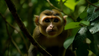 Young monkey sitting on branch, looking at camera in forest generated by AI