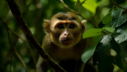 Fototapeta premium Young monkey sitting on branch, looking at camera in forest generated by AI