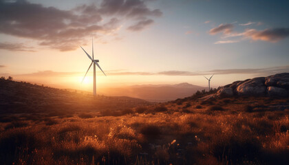 Obraz premium Wind turbine spins, generating sustainable power from nature beauty generated by AI