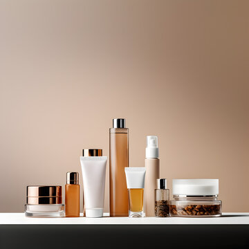 white cosmetic product container line with copy space, light brown background