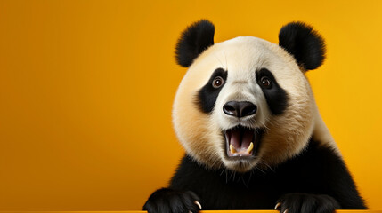 Shocked surprised panda with big eyes on isolated bright orange background, funny animal...