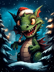 Illustration of a funny green dragon in a Santa Claus hat.