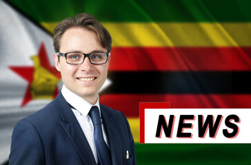News anchor, tells the latest news, smiling, against the background of the flag of Zimbabwe