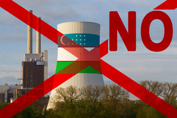 The flag of Uzbekistan is depicted on the cooling tower of the nuclear power plant, next to it is...