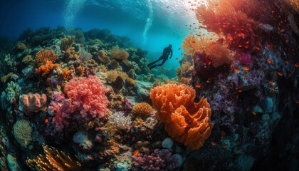 Exploring the vibrant underwater seascape, swimming with tropical saltwater fish generated by AI