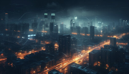 Modern city skyline illuminated by glowing blue street lights at dusk generated by AI