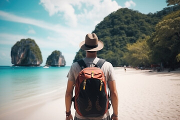 Fototapeta premium Tourist backpacker with backpack at vacation to Thailand tropical island