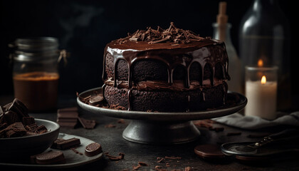 Homemade chocolate cake slice with dark chocolate icing and cocoa powder generated by AI