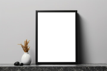 Fototapeta na wymiar Blank white wall art mockup. One vertical frame with black wooden border