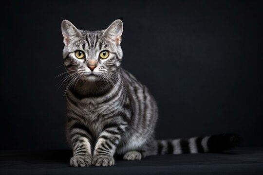 Discover a stylish European shorthair cat against a captivating dark backdrop. Generative AI