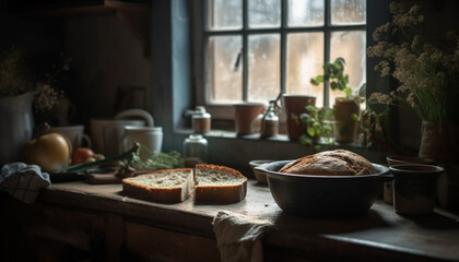 Fototapeta premium kitchen table with delicious bread illuminated by a window generated by AI