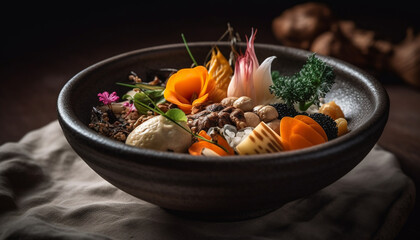 Fresh gourmet vegetarian meal on rustic wooden plate with organic ingredients generated by AI