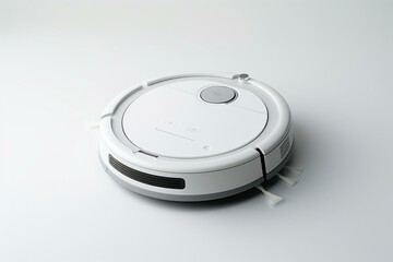 White background, white robot vacuum. Front side Roomba, a modern smart vacuum cleaner. Self-cleaning floor robot. Small domestic and house. Generative AI