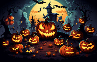 Halloween pumpkin head with a sinister glowing face in the moonlight