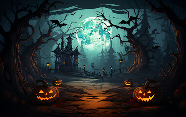 Halloween night castle in ominous moonlight with pumpkin heads