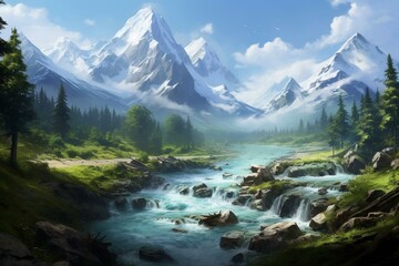 Fototapeta na wymiar Pristine heaven-like scenery: mountains, river. Generative AI
