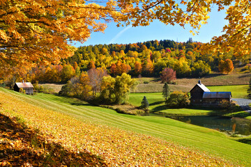 Autumn countryside with frame of colorful leaves and rustic wooden barns near Woodstock, Vermont,...