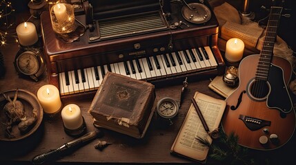 An arrangement of Christmas carol sheets alongside vintage instruments on a wooden surface.