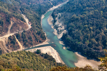 Aerial view of Teesta river valley with adjacent National Highway road at Darjeeling district of India