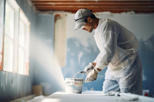 House painter male working in renovation room. Decoration and improvement living or office interior.