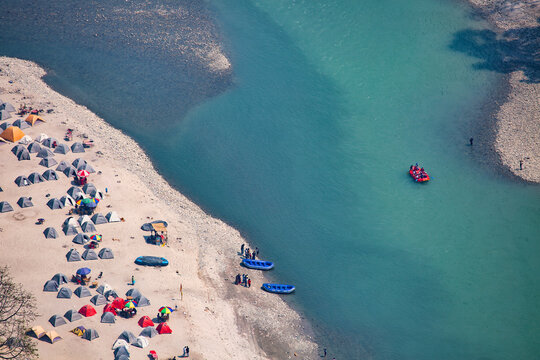 Aerial view of river Teesta with tourist camps on the riverbank at Darjeeling district India