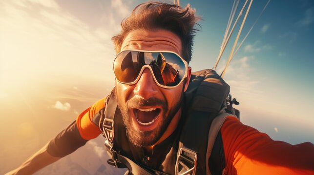 Extreme skydiving. Skydiver flying on a parachute at sunset. Extreme sport