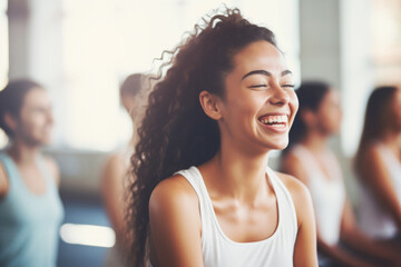  Portrait of happy young woman in yoga hall