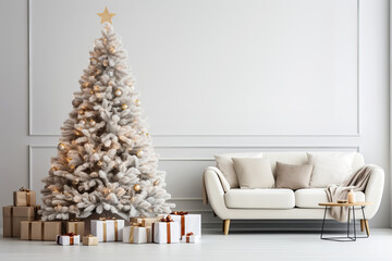 Christmas Home Interior with festive Christmas tree and gift boxes. Modern minimal living room in...