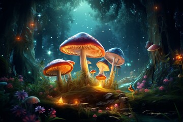 Fototapeta na wymiar Mystical 4k wallpaper of mushrooms and jungle, enhanced by a mushroom light. Generative AI