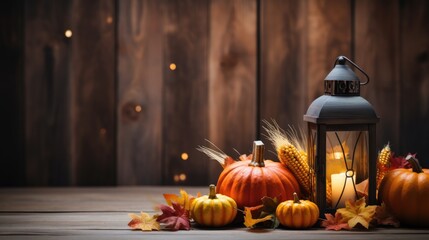 Wooden Table With Lantern And Candles Decorated With Pumpkins, Corncobs, Apples And Gourds With Wooden Background - Thanksgiving, Harvest Concept, Copy space