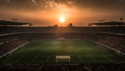 Playing soccer on a grass field at night with a crowd generated by AI