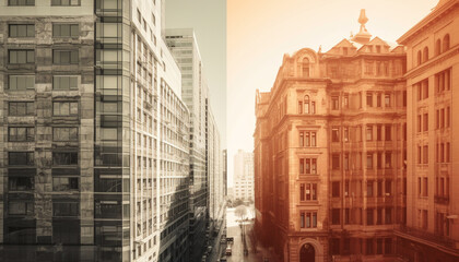 Modern skyscraper facade reflects city life in toned dusk image generated by AI