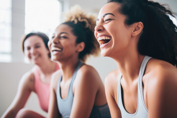 Fototapeta premium Group of young women smiling during yoga or pilates exercise in yoga hall
