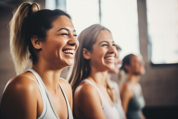 Obraz premium Group of young women smiling during yoga or pilates exercise in yoga hall