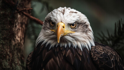 Obraz premium Bald eagle perching on branch, majestic symbol of American freedom generated by AI