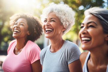 Senior women smiling during yoga or pilates exercise outdoors