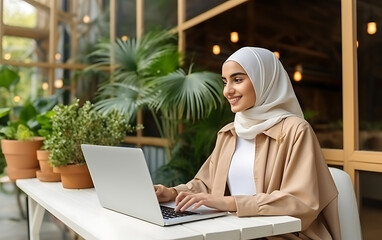 Young arab woman in hijab using laptop in cafe or coworking space, remote work concept