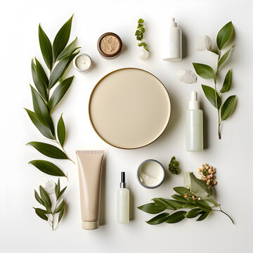 environmentally friendly Blank cosmetic product line with white color and copy space makeup, and skin care items, spa, leaves, leaf branch