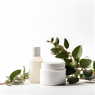 set of cosmetic containers line with white color and copy space makeup, and skin care items, herbal product