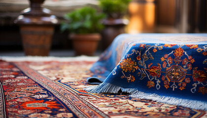 Close-up of multi-colored Persian carpets on the floor - obrazy, fototapety, plakaty