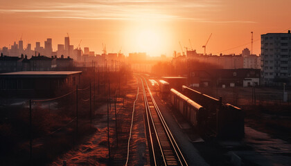 Sunset illuminates the urban skyline, blurred motion of transportation and machinery generated by AI