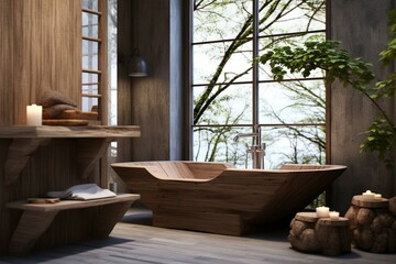 Japanese-style bathroom with rustic bathtub and toilet in a simple, natural style. Generative AI