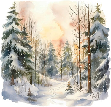 Watercolor Woodland Winter Woods Clipart Forest Moose Bear Mountain Camping Pine Trees Scene Snowy Merry Christmas Sublimation